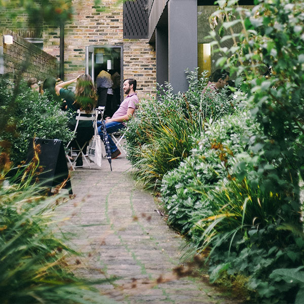 A person walking a dog on a garden path surrounded by lush greenery.