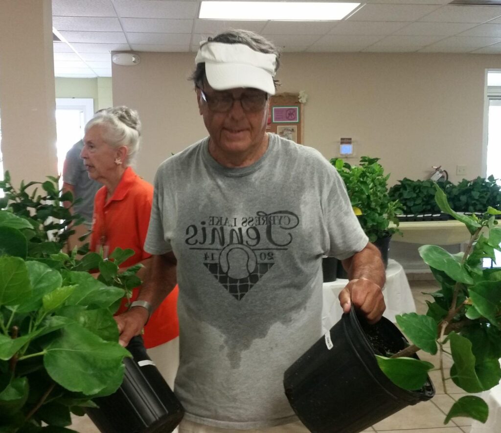 Man carrying multiple potted plants in a greenhouse.