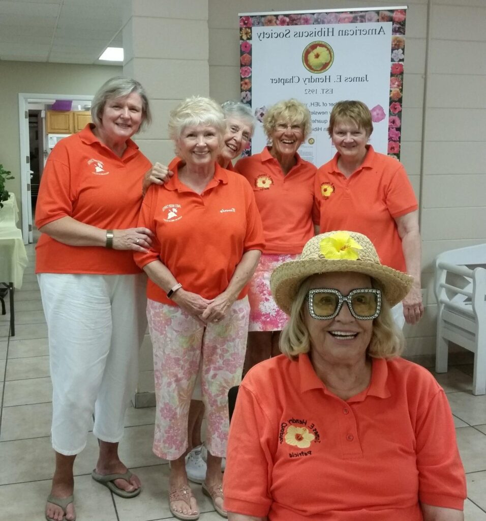 A group of women in orange shirts and hats posing for a photo.