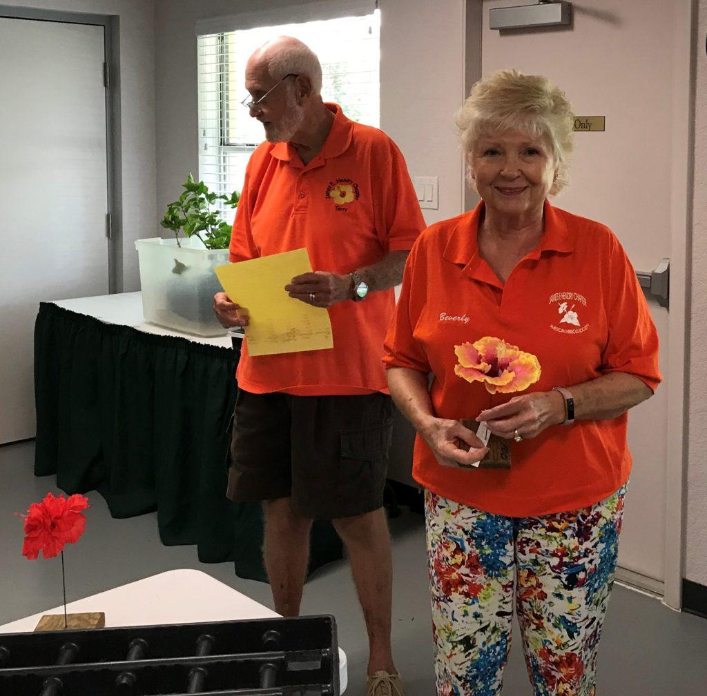 Two elderly people wearing colorful outfits holding certificates indoors.