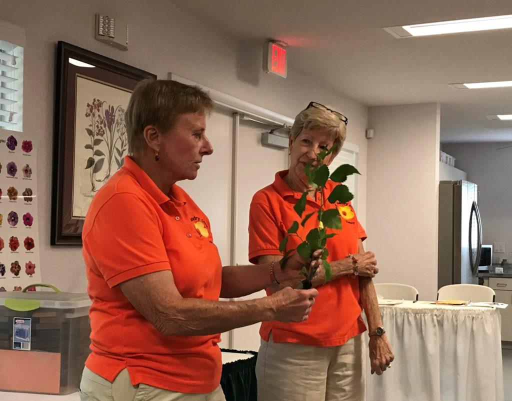 Two women in orange shirts holding microphones and papers indoors.