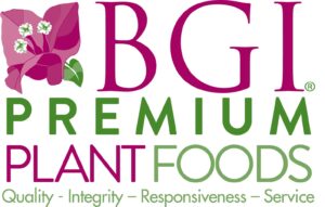 Logo for BG Premium Plant Foods with a leaf and a flower.